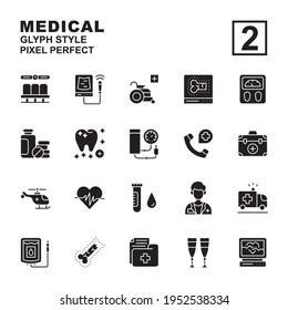 Icon Set Medical Made With Glyph Black Technique, Contains A USG, Electrocardiogram, Dentist, Wheel Chair, Doctor, And More. You Can Be Used For Web, Mobile And Ui. Editable Stroke And Pixel Perfect.