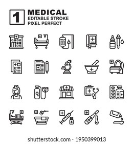 Icon set Medical made with line black technique, contains a hospital, bed, stretcher, pharmacy, MRI, oxygen, nurse and more. You can be used for web, mobile and ui. Editable stroke and pixel perfect.