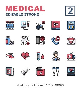 Icon Set Medical Made With Line Color Technique, Contains A USG, Electrocardiogram, Dentist, Wheel Chair, Doctor, And More. You Can Be Used For Web, Mobile And Ui. Editable Stroke And Pixel Perfect.