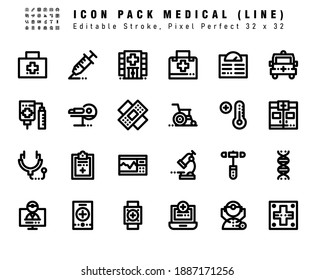 Icon Set of Medical Vector Line Icons. Contains such Icons as Ambulans, Vaccine, Hospital, Doctor etc. Editable Stroke. 32x32 Pixel Perfect