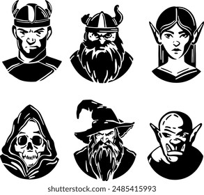 Icon set of medieval fantasy RPG characters avatar knight magician warrior king queen prince elf princess troll fighter grim reaper. Flat icons vector illustrations isolated on transparent background	