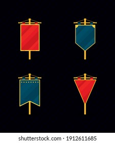 Symbol-Satz mittelalterlicher Schilder auf schwarzem Hintergrund, bunter Design, Vektorgrafik