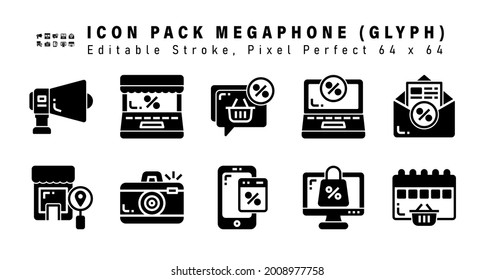 Icon Set of Megaphone Glyph Icons. Contains such Icons as Mail Discount, Search Commerce, Photo Camera, Smartphone Discount etc. Editable Stroke. 64 x 64 Pixel Perfect