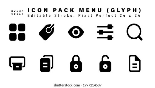 Icon Set of Menu Glyph Icons. Contains such Icons as Search, Print, Document, Padlock etc. Editable Stroke. 24 x 24 Pixel Perfect