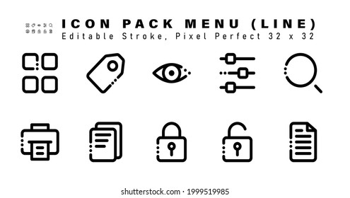 Icon Set of Menu Line Icons. Contains such Icons as Search, Print, Document, Padlock etc. Editable Stroke. 32 x 32 Pixel Perfect