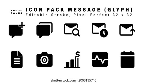 Icon Set of Message Glyph Icons. Contains such Icons as Mail, Blank Page, Camera, Analytics etc. Editable Stroke. 32 x 32 Pixel Perfect