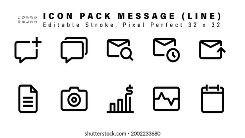 Icon Set of Message Line Icons. Contains such Icons as Mail, Blank Page, Camera, Analytics etc. Editable Stroke. 32 x 32 Pixel Perfect