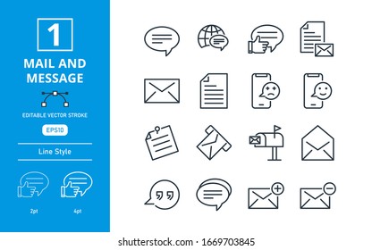 Icon Set Message and Mail line, outline vector sign, linear style pictogram isolated. Sign or symbol. Editable Stroke.