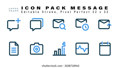 Icon Set Of Message Two Color Icons. Contains Such Icons As Mail, Blank Page, Camera, Analytics Etc. Editable Stroke. 32 X 32 Pixel Perfect