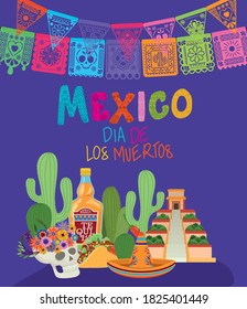 conjunto de iconos y el día méxico de los muertos sobre el diseño de fondo morado, la cultura mexicana marca emblemática del turismo latino y tema del partido Ilustración vectorial