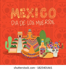 icon set and mexico day of the dead on red background design, Mexican culture tourism landmark latin and party theme Vector illustration