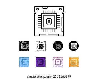 icon set  microchip circuitry CPU.with 9 different styles,line,glyp,flat, gradient etc.Ideal for techrelated designs, illustrations,presentations,or articles about computer hardware and technology