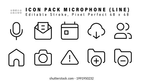 Symbolsatz der Mikrofon-Line-Symbole. Enthält Symbole wie Gruppe, Home, Kamera, Warnform usw. Bearbeitbarer Stroke. 48 x 48 Pixel perfekt