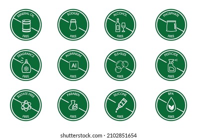 icon set of mineral oil, sodium, alcohol-free, phosphate-free, fragrance-free, aluminum-free,  sls sles free, pesticides free, sulfate-free, paraben-free, silicon free, BPA free all in vector format