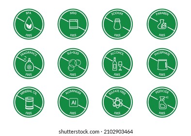 icon set of mineral oil , sodium, alcohol-free, phosphate-free, fragrance-free, aluminum-free,  sls sles free, pesticides free, sulfate-free, paraben-free, silicon free, BPA free vector