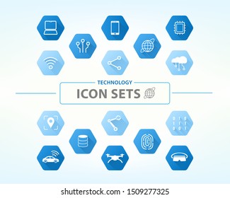 Icon set minimal style with shadow. 16 icon set collection. Technology, computer, and artificial intelligence concept.