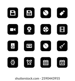 Icon set, minimalist design, black and white,
technology symbols, floppy disk, CD, USB
drive, video camera, webcam, fim reel, movie
strip, speaker, cassette tape, vinyl record,
electric guitar.