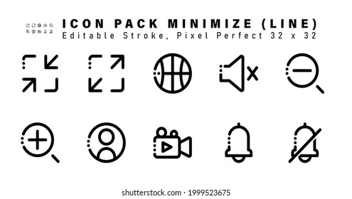 Icon Set of Minimize Line Icons. Contains such Icons as Zoom Out, Zoom, User, Video etc. Editable Stroke. 32 x 32 Pixel Perfect