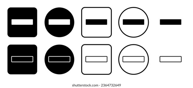 Icon set of minus symbol. Filled, outline, black and white icons set, flat style.  Vector illustration on white background