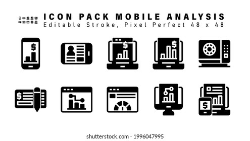 Icon Set of Mobile Analysis Glyph Icons. Contains such Icons as Locker Management, Bank Cheque, Online Analytics, Web Speed etc. Editable Stroke. 48x48 Pixel Perfect