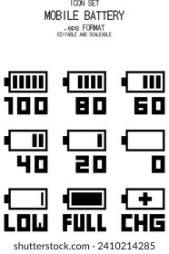 Icon Set Mobile Battery Editable EPS Schwarzweiß
