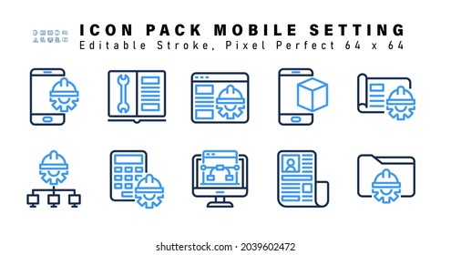 Icon Set of Mobile Setting Two Color Icons. Contains such Icons as Business Scheme, Automated Solution, Calculator, Pen Tool etc. Editable Stroke. 64 x 64 Pixel Perfect