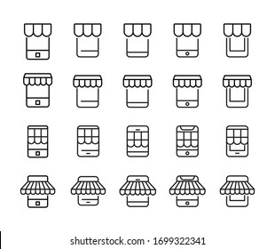Icon Set von mobilen Shop. Bearbeitbare Vektorillustration-Piktogramme einzeln auf weißem Hintergrund. Trendy-Umrisssymbole für mobile Apps und Website-Design. Premium-Paket von Symbolen im trendigen Linienstil.
