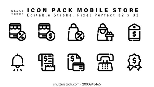 Icon Set of Mobile Store Line Icons. Contains such Icons as Price Label, Notification, Receipt, Bill Payment etc. Editable Stroke. 32 x 32 Pixel Perfect