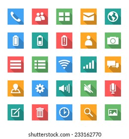 icon set for moble in flat design with long shadows