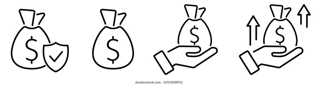 Icon-Set von Geldtasche mit Schild, Hand-Haltetasche mit Dollars, Finanzerhöhung. Umrisse dünne Symbole.
