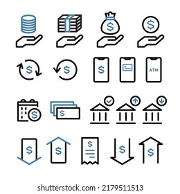 Icon set of money, banknotes, coins, payment, investment, accounting, currency, e-money, household, finance