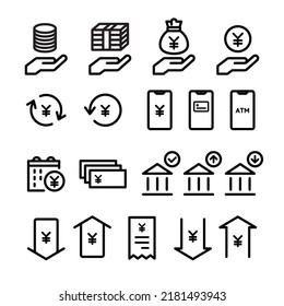 Icon set of money, banknotes, coins, payment, investment, accounting, currency, e-money, household, finance