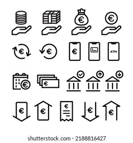 Icon set of money, banknotes, coins, payment, investment, accounting, currency, e-money, household, finance