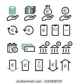 Icon set of money, banknotes, coins, payment, investment, accounting, currency, e-money, household, finance European Union Currency