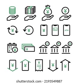 Icon set of money, banknotes, coins, payment, investment, accounting, currency, e-money, household, finance