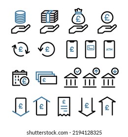 Icon set of money, banknotes, coins, payment, investment, accounting, currency, e-money, household, finance
Great Britain currency pound sterling sign