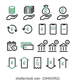 Icon set of money, banknotes, coins, payment, investment, accounting, currency, e-money, household, finance great britain pound sterling