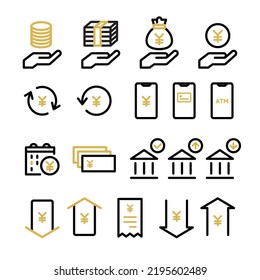 Icon set of money, banknotes, coins, payment, investment, accounting, currency, e-money, household, finance