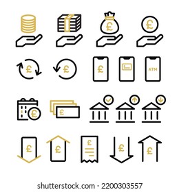 Icon set of money, banknotes, coins, payment, investment, accounting, currency, e-money, household, finance