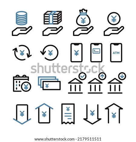 Icon set of money, banknotes, coins, payment, investment, accounting, currency, e-money, household, finance