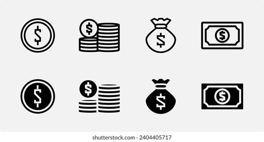 icon set money, coin, payment, cash, elements for design with simple outline and solid icon styles
