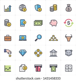 Icon set - money and finance full color outline stroke vector illustration on white background