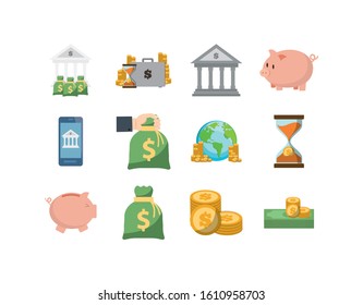 Icon set of money financial item banking commerce market payment buy currency accounting and invest theme Vector illustration