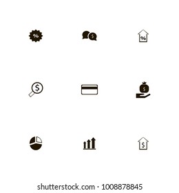 icon set Money with hand with money bag, round diagram, percent up and money speech