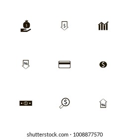 icon set Money with income down, money search, percent down and bill