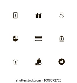 icon set Money with statistics on black, credit card, profit and percent down