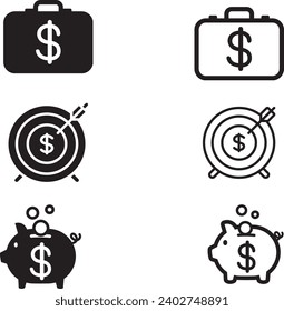 Icon set. Money suitcase. financial targets. And a piggy bank. Illustrations vector.