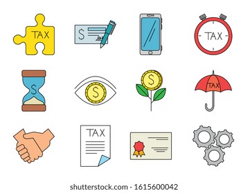Icon set of money tax financial item banking commerce market payment buy currency accounting and invest theme Vector illustration