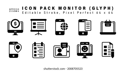 Icon Set of Monitor Glyph Icons. Contains such Icons as Monitor, Mobile, Survey, Good Rate etc. Editable Stroke. 64 x 64 Pixel Perfect