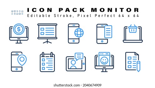 Icon Set of Monitor Two Color Icons. Contains such Icons as Monitor, Mobile, Survey, Good Rate etc. Editable Stroke. 64 x 64 Pixel Perfect